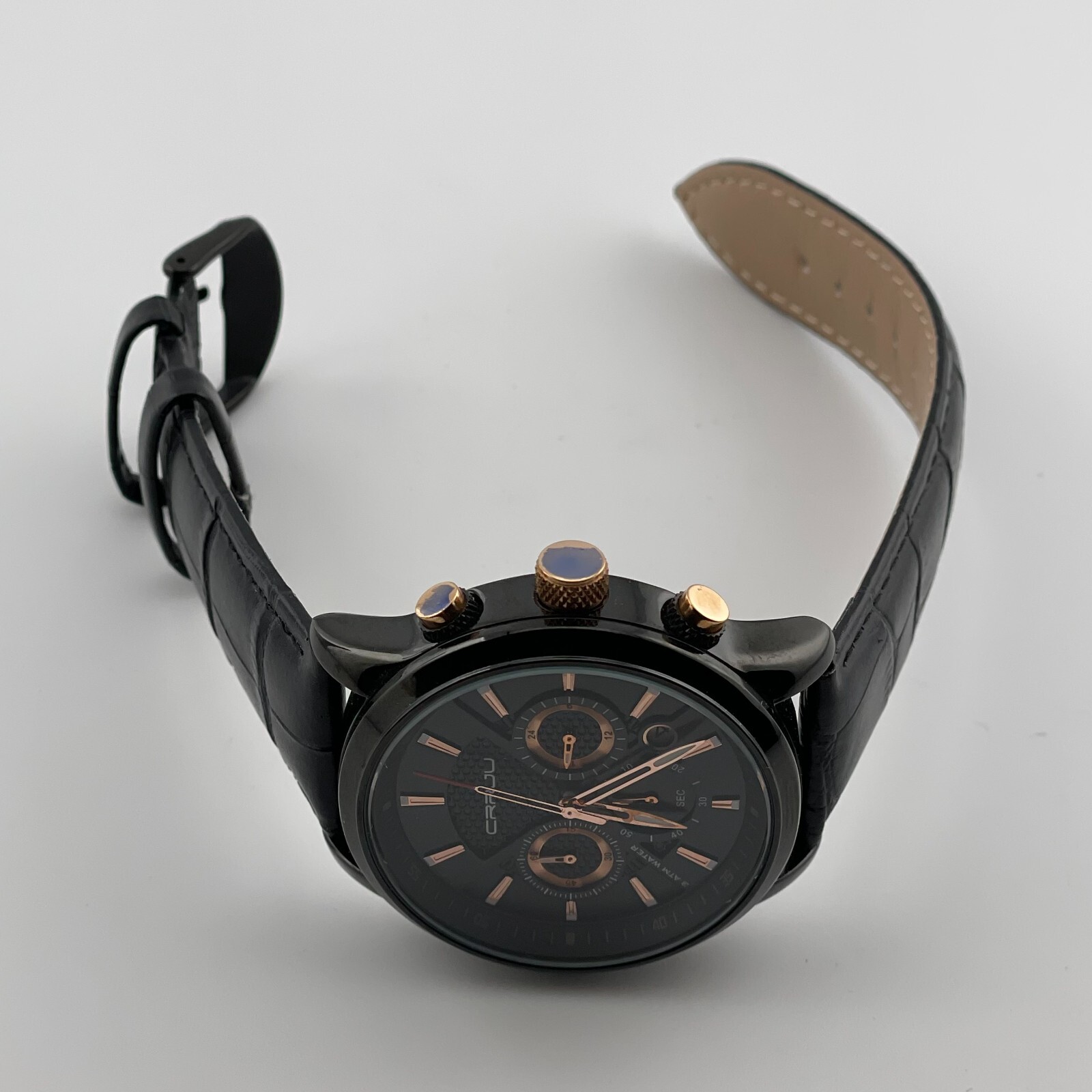 CRRJU Watch Mens Chronograph 24H Date 43mm Case Black Leather Band Quartz