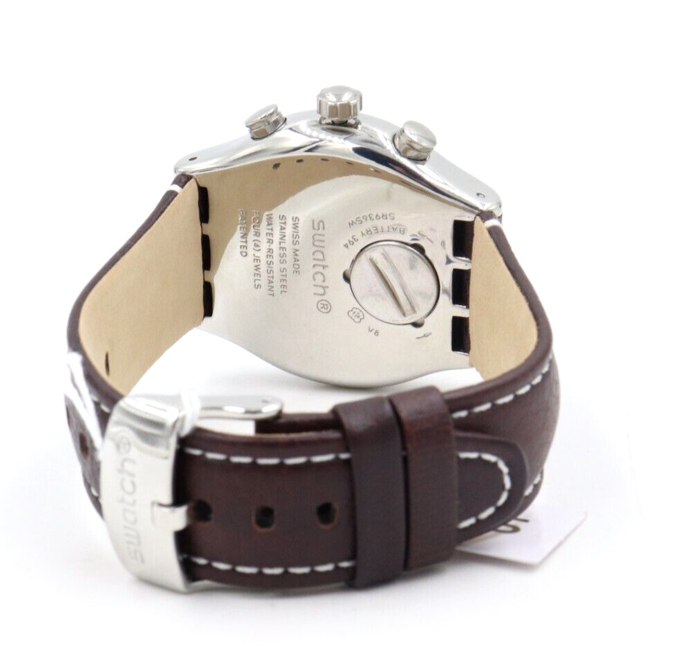 New Swiss Swatch Irony Destination Hamburg leather Chrono Watch 44mm YVS432 $190