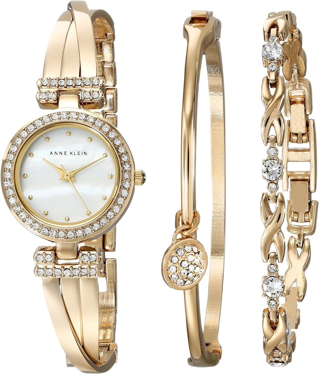Women’s Gold Crystal Bangle Watch & Bracelet Set, Elegant Valentines Gift