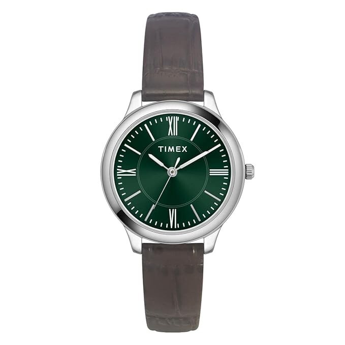 TIMEX Women Leather 3 Hands Analog Green Dial Coloured Quartz Watch, Round Dial