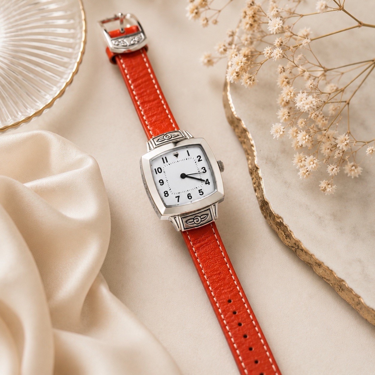 Brighton Orchard Watch Orange Leather Strap Silver Tone Japan Movement NWT