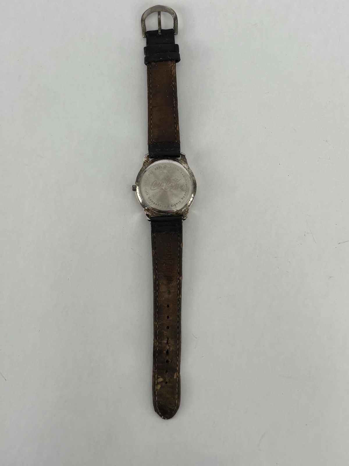 Coca-Cola 35mm Silver Tone Logo Dial Quartz Watch w/Leather Band & New Battery