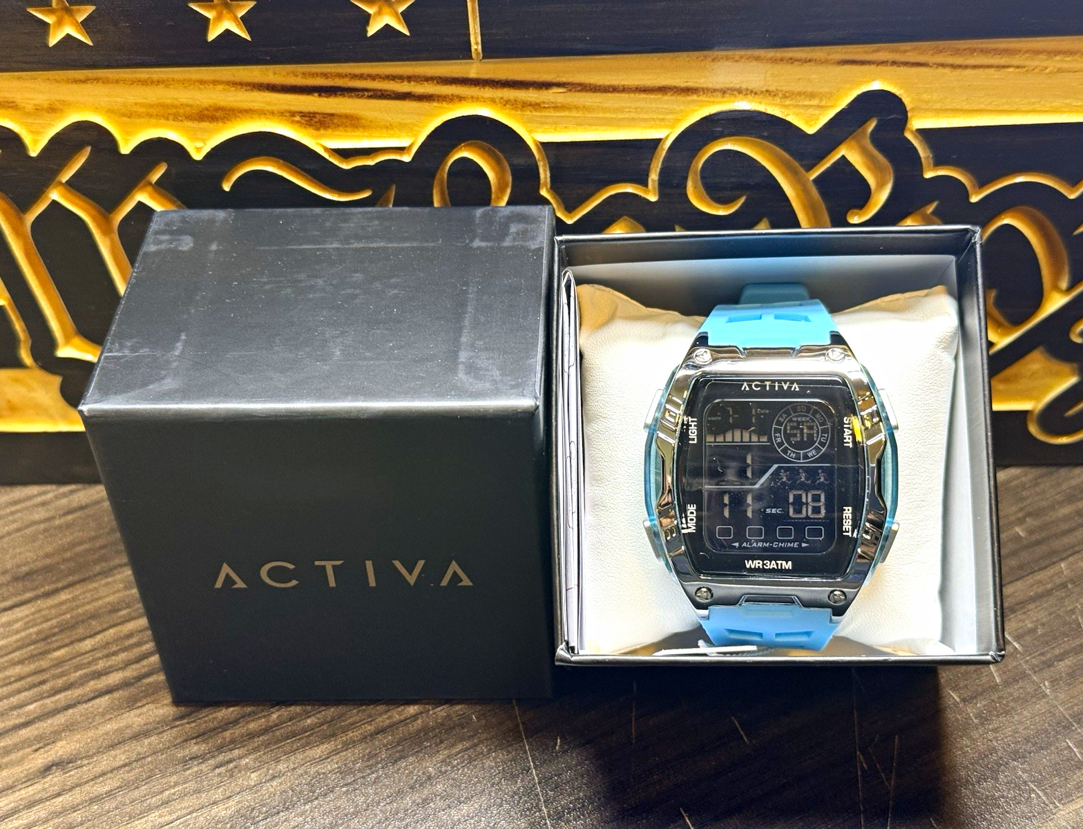 Activa Zalix Men’s Quartz Digital Watch 46mm Silver Case Blue Strap 30m Box