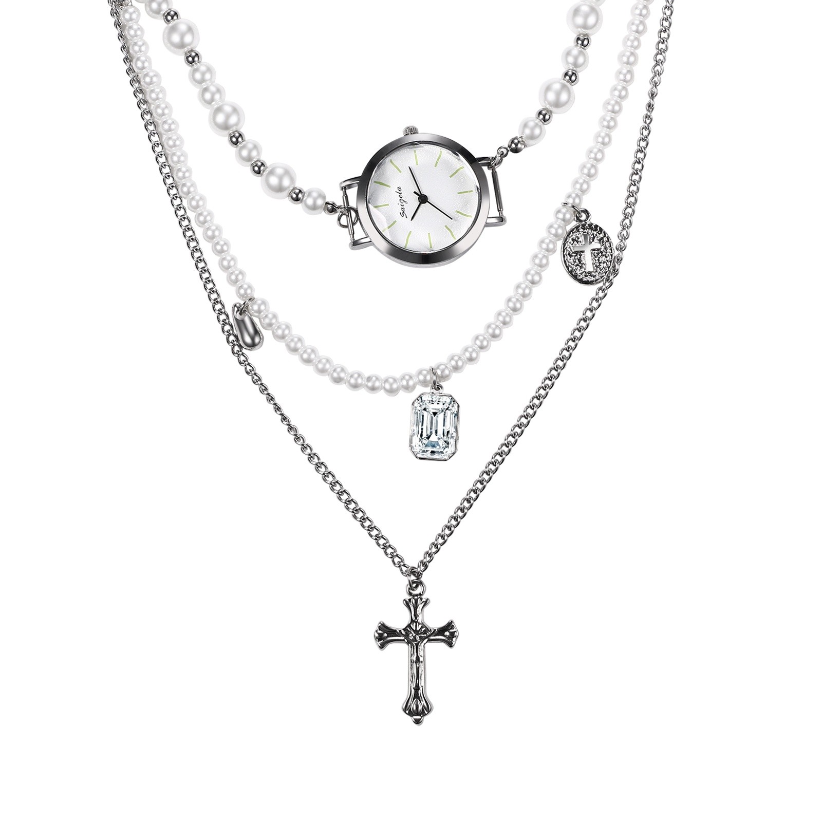 3 Layers Necklace Watch Analog Quartz Cross Faux Pearl Choker Womens WristWatch