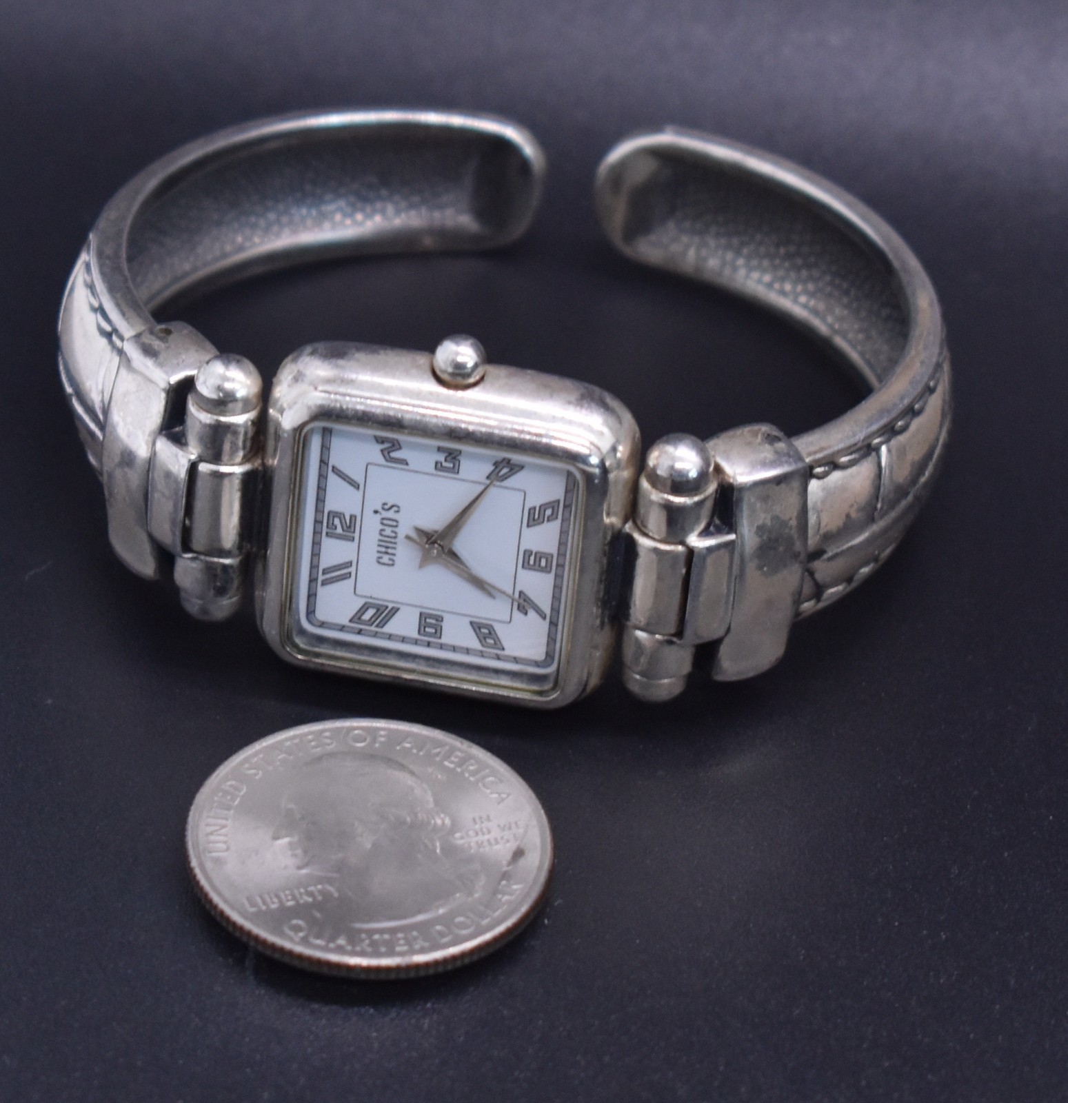 CHICO’S Silver Tone Square Dial Watch Women OX Cuff Bracelet Band NEW BATTERY
