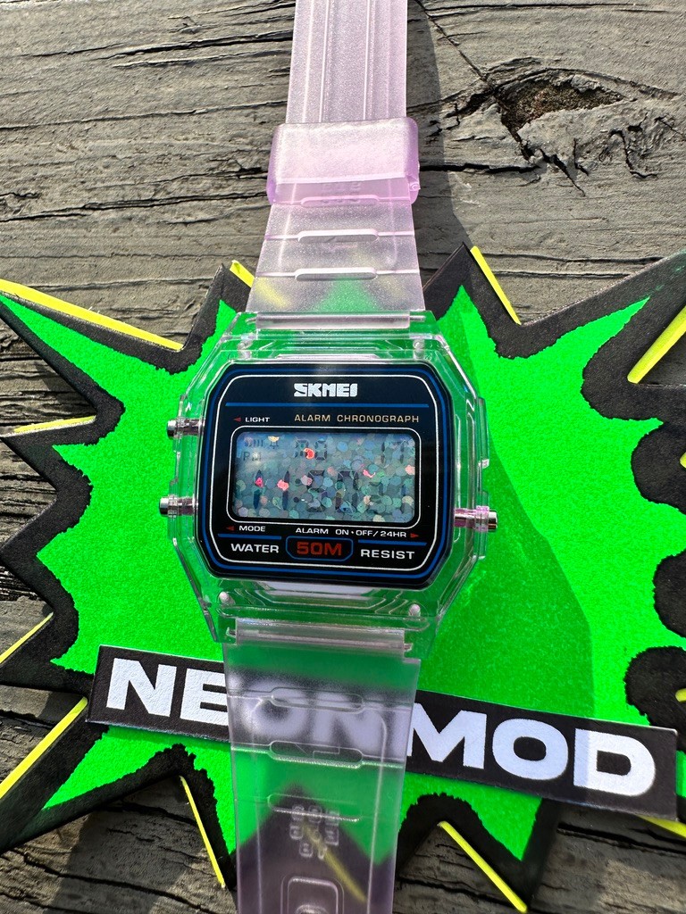 Purple Holo Watch – Rainbow Holographic Glitter Dots – Clear SKMEI Digital Watch