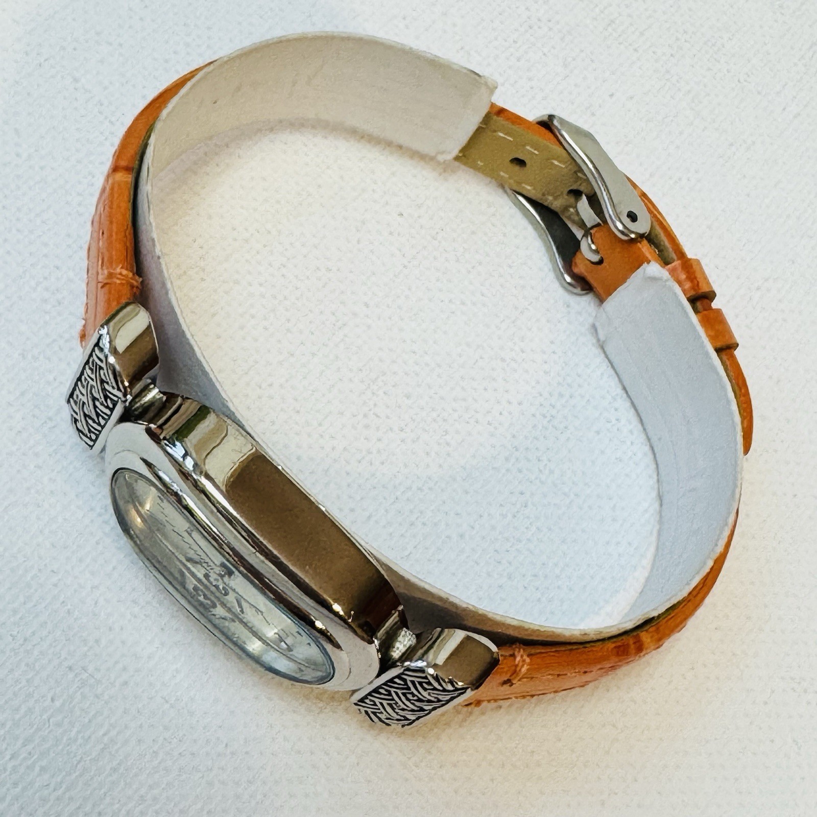Strapsco Women’s Oval Dress Watch Silver Orange Croco Leather