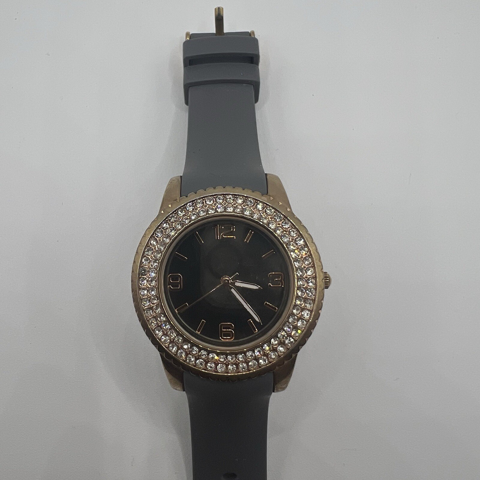 Shiny Mirror Dial Crystal Accent Gold Tone Case Gray Silicone Band Watch