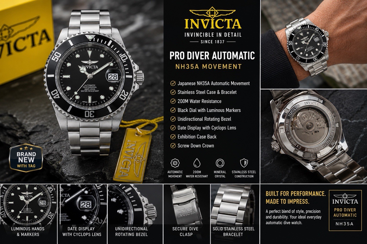 Invicta Pro Diver Men’s Automatic Black Dial Stainless Steel Bracelet Date 200m