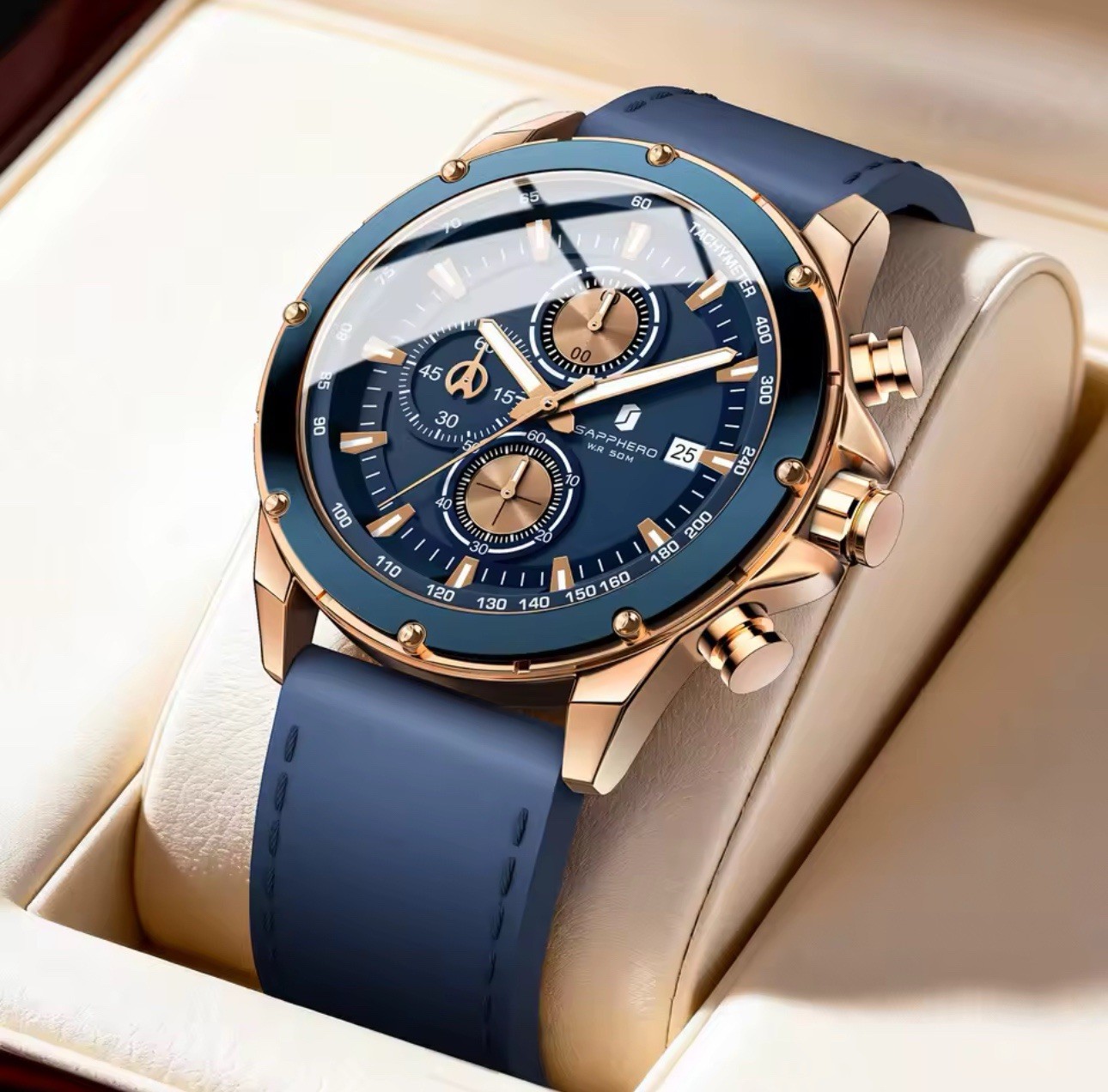 SAPPHERO Men’s Quartz Chronograph Watch Blue Dial Date Luminous Tachymeter
