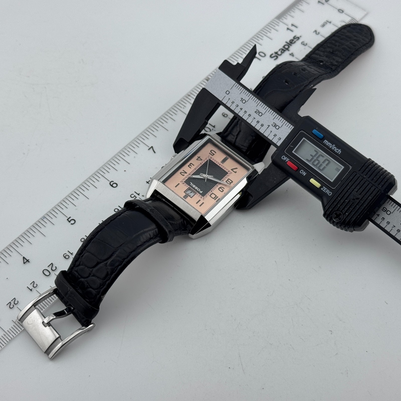 Fossil Quartz Watch FS-4407 Men 50m Silver Steel Leather Rectangle New Battery