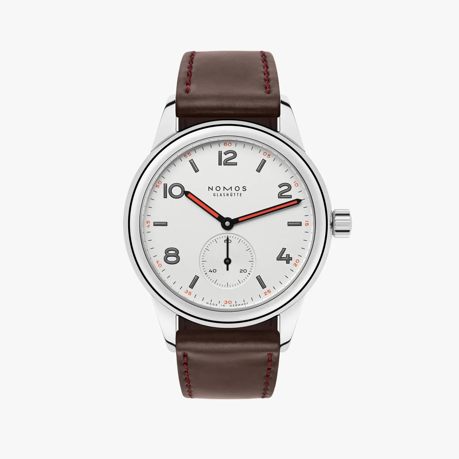 NOMOS Glashütte Club 36mm White Dial Brown Leather Band Watch – 701.1