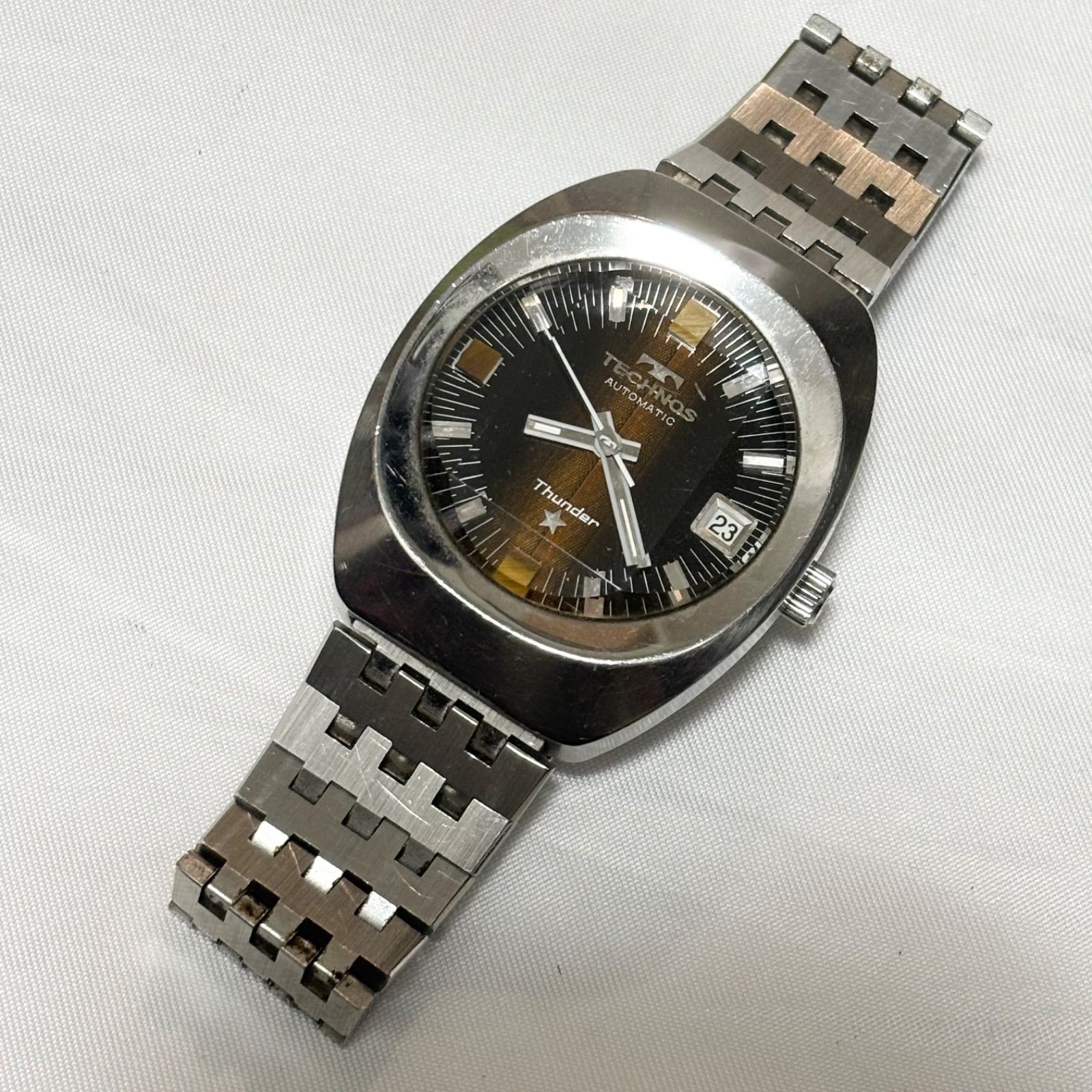 Technos Thunder Automatic Date Watch Black Dial Silver Bracelet Vintage
