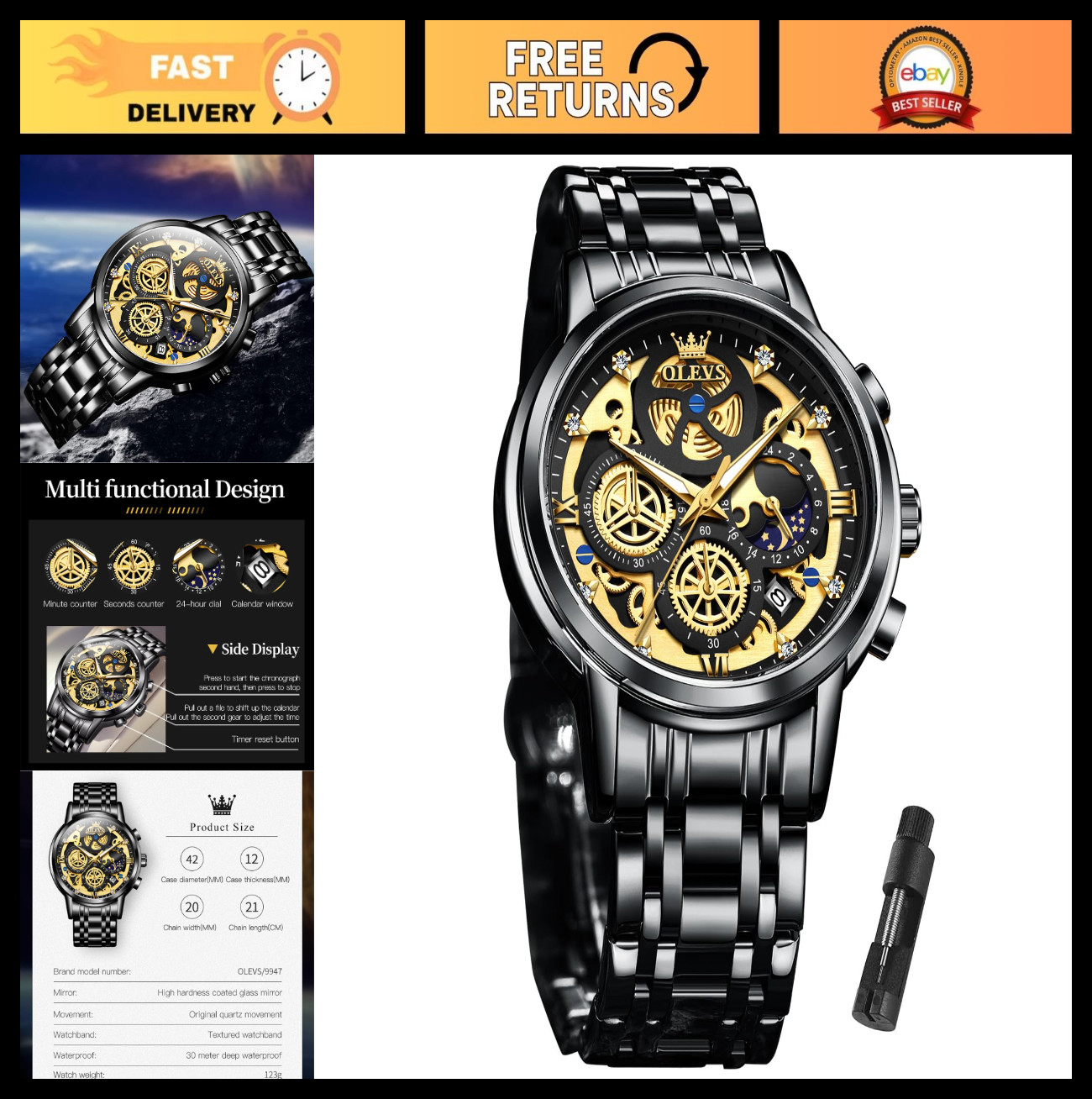 Men’s Skeleton Chronograph Watch – Stainless Steel, Waterproof, Luxury Analog, D