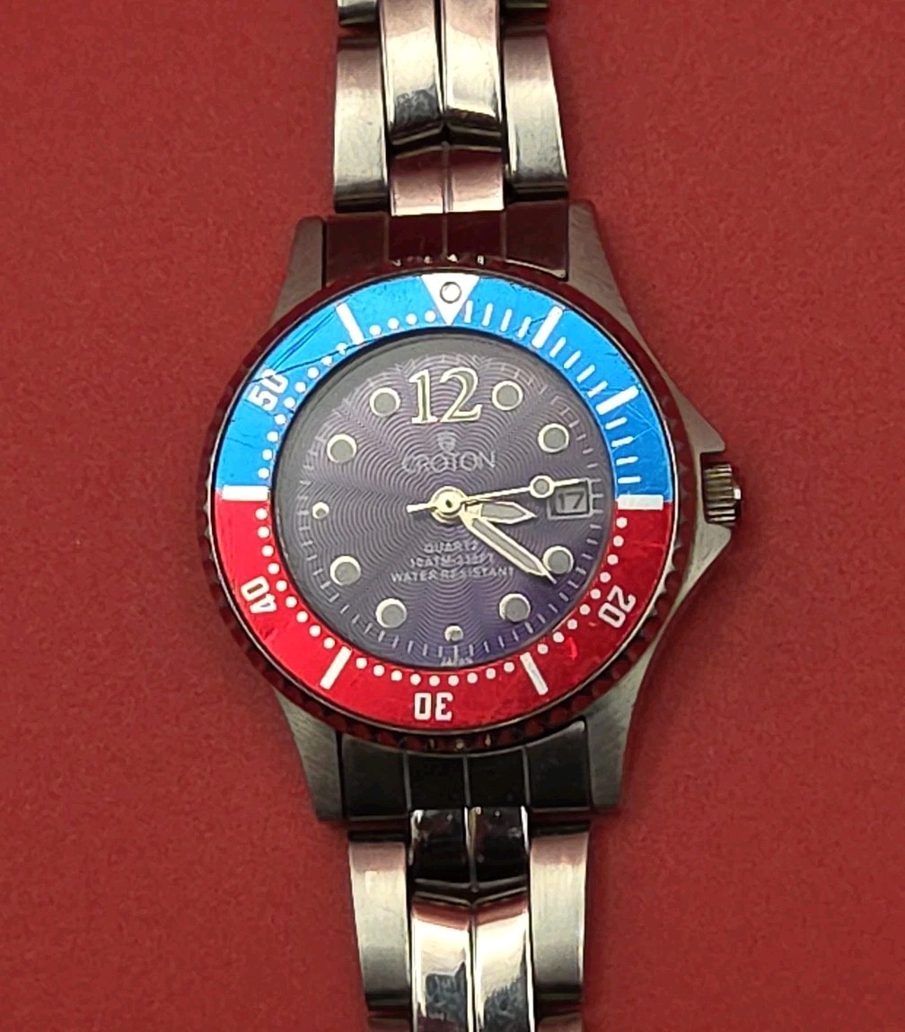 Croton 28mm All Stainless Steel Blue Dial Pepsi Red Blue Bezel Jpan Quartz Watch