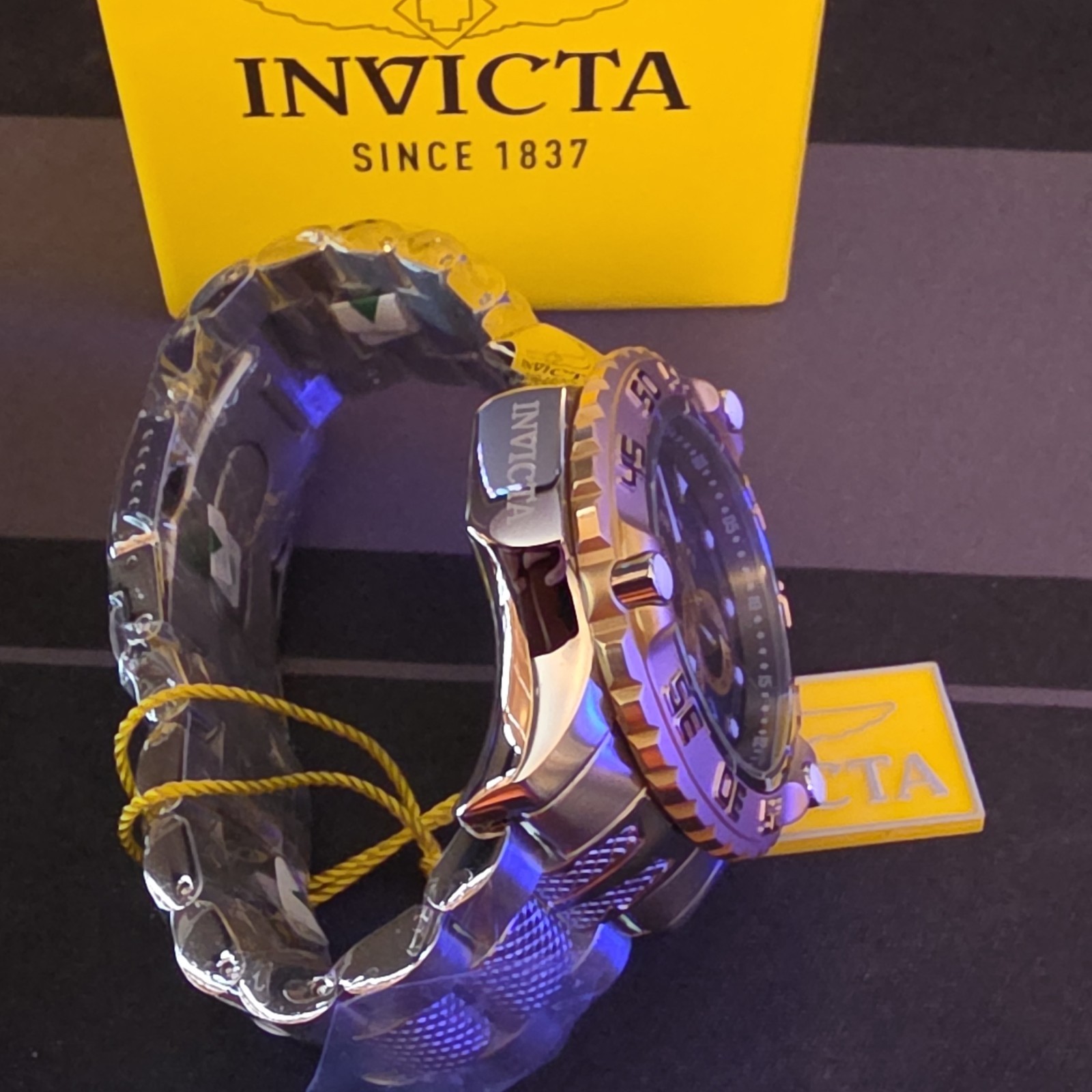 Invicta Men’s 55mm Quartz Chronograph Date/ Black Dial Gold Bezel SS Bracelet