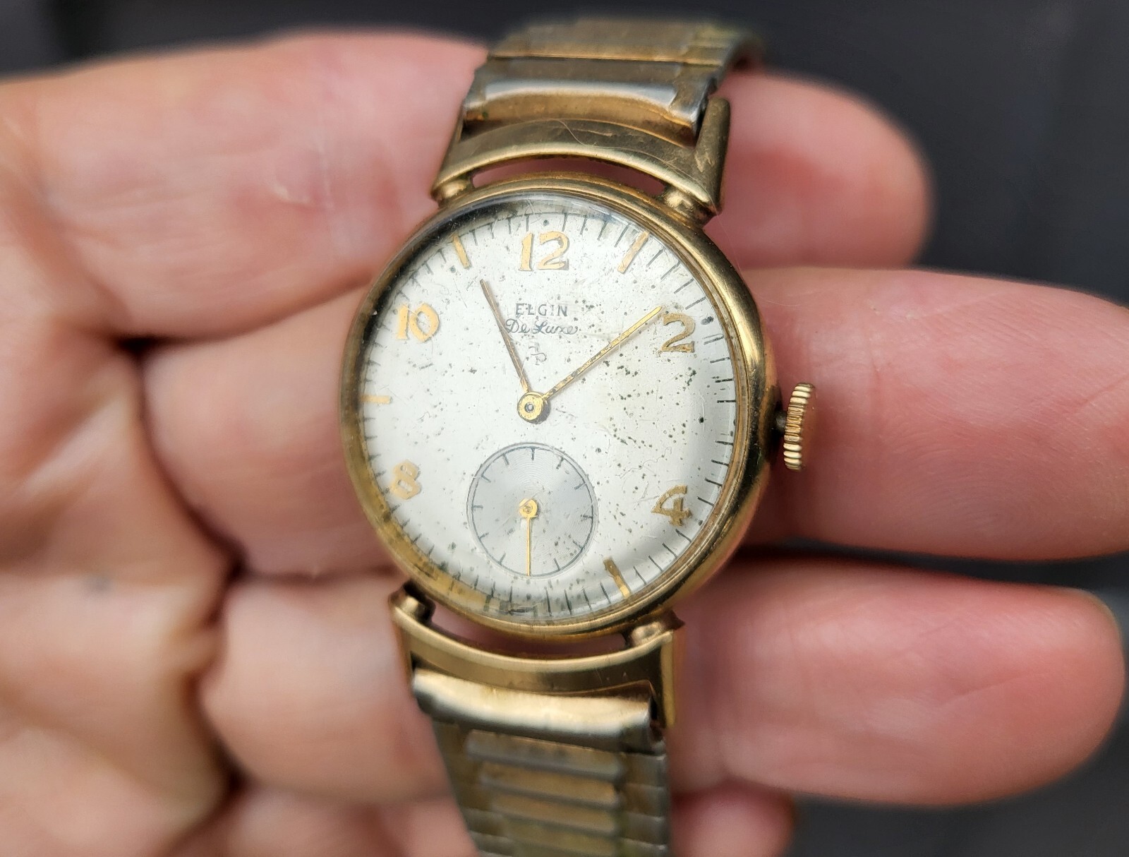 Elgin DeLuxe Mens Watch 555 Manual Wind Mvmnt 29mm 10K GF REPAIR PARTS c1951