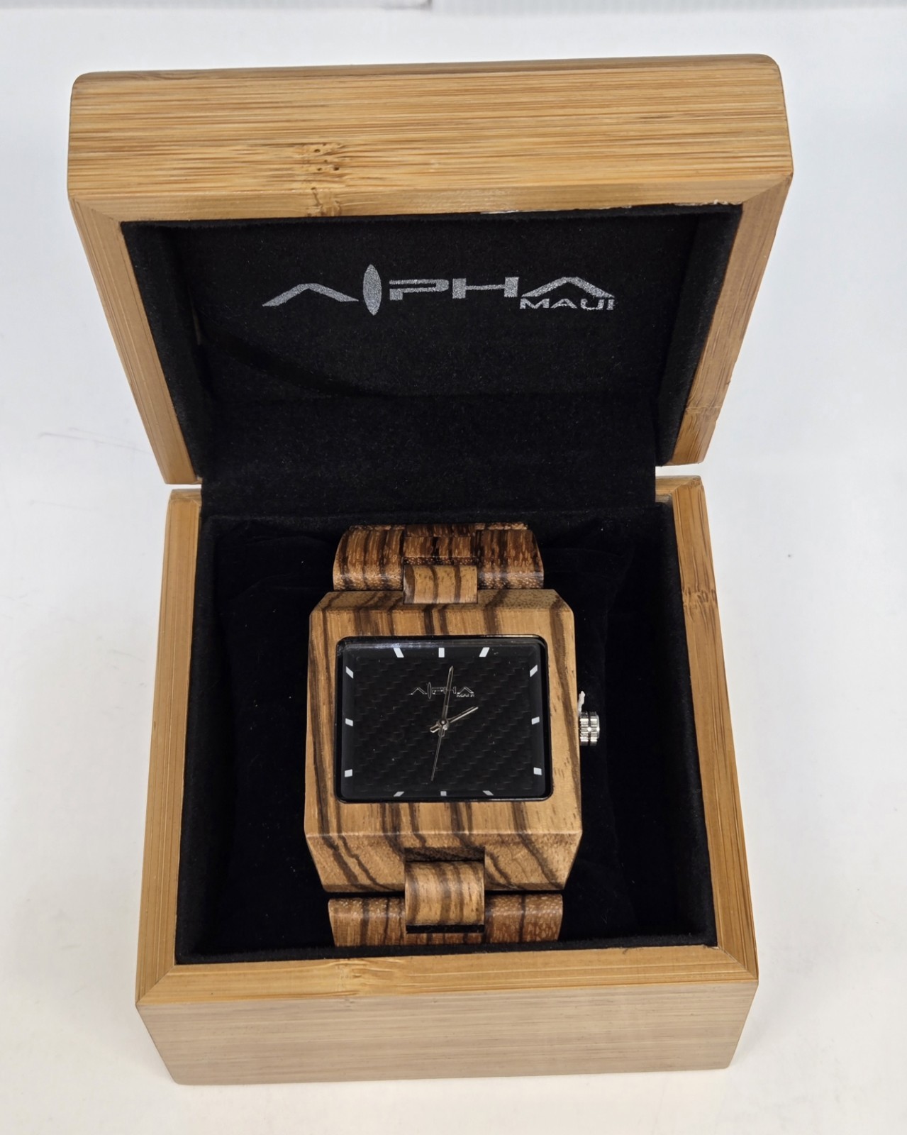 Alpha Maui Watch Zebrawood Wooden Watch Carbon Fiber Dial NOS Unworn Box Papers