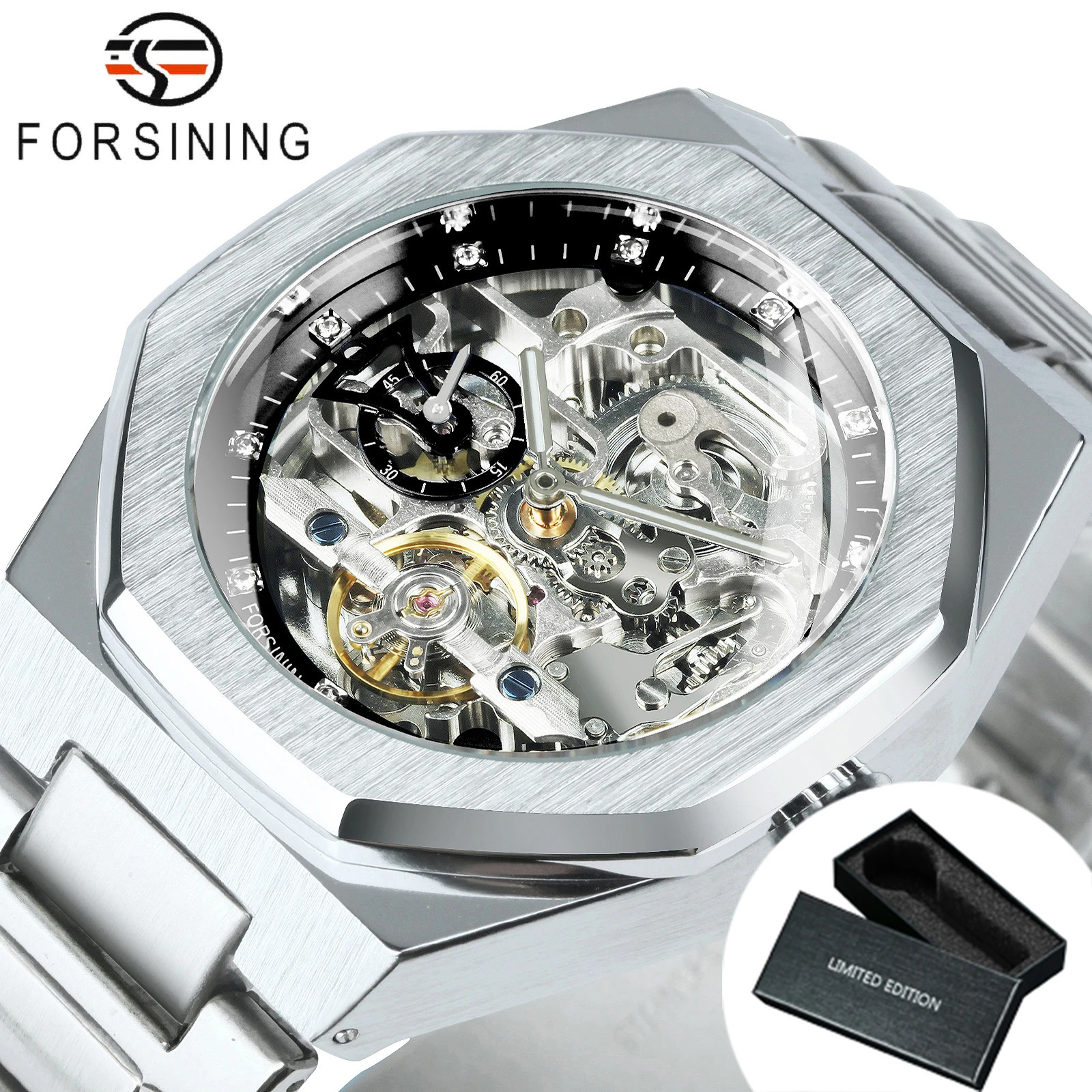FORSINING Men’s Automatic Mechanical Watch Skeleton Dial Luminous Steel 40mm