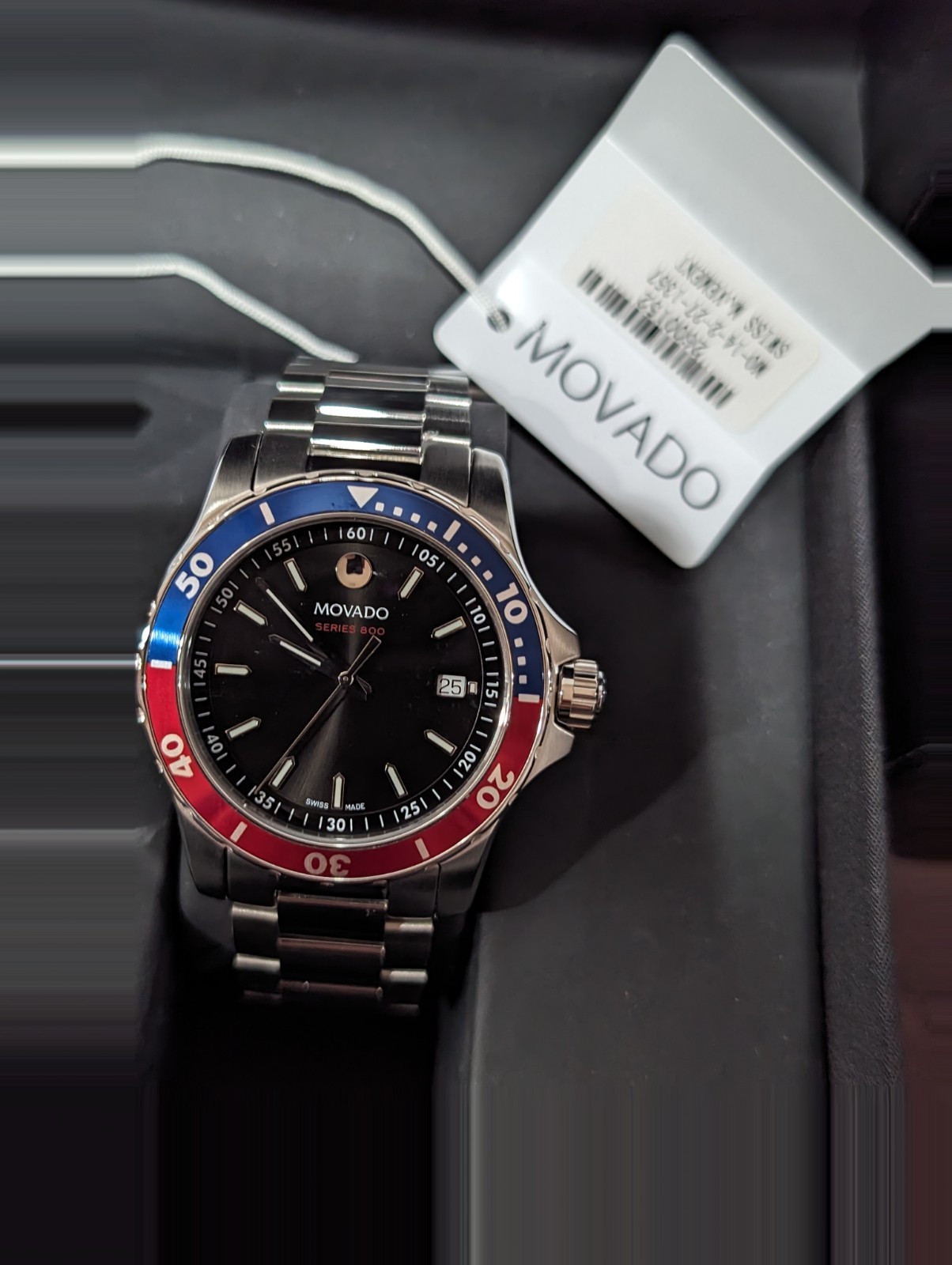 Movado “Series 800” 40mm Black Dial *Pepsi Blue/Red Bezel* UNWORN Swiss Quartz!