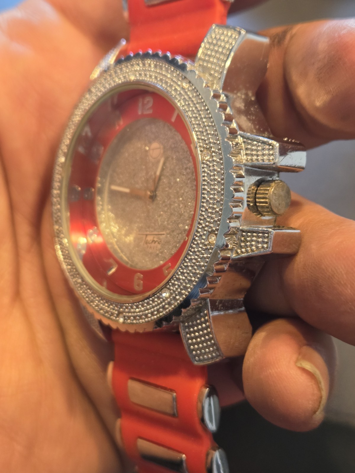 Men’s Techno Pave Silver & Red Silicon Band Dressy Casual Hip Hop Watch C208