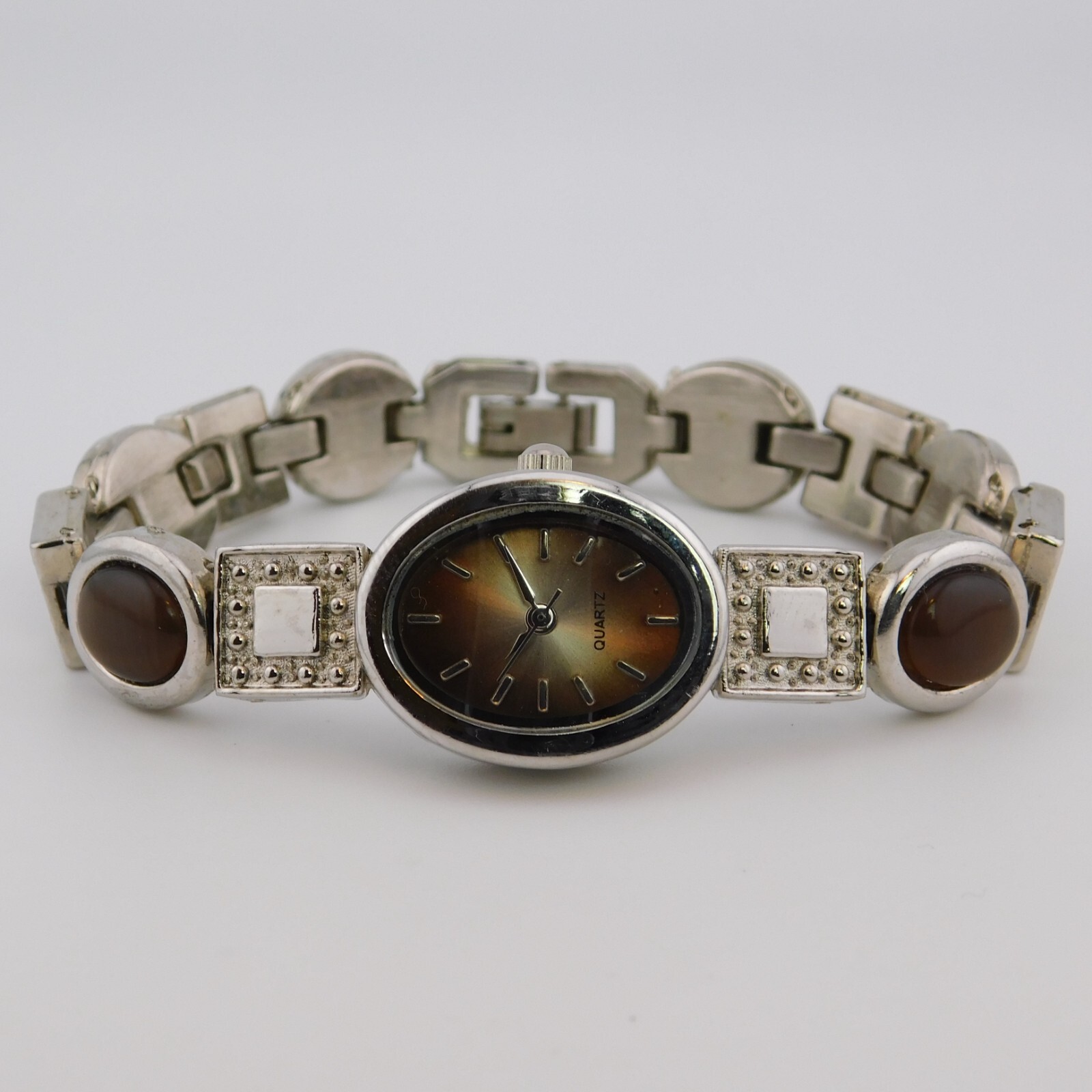 Silver Tone Stones Inlay Bracelet Quartz Analog Women’s Watch Sz. 7″ New Battery