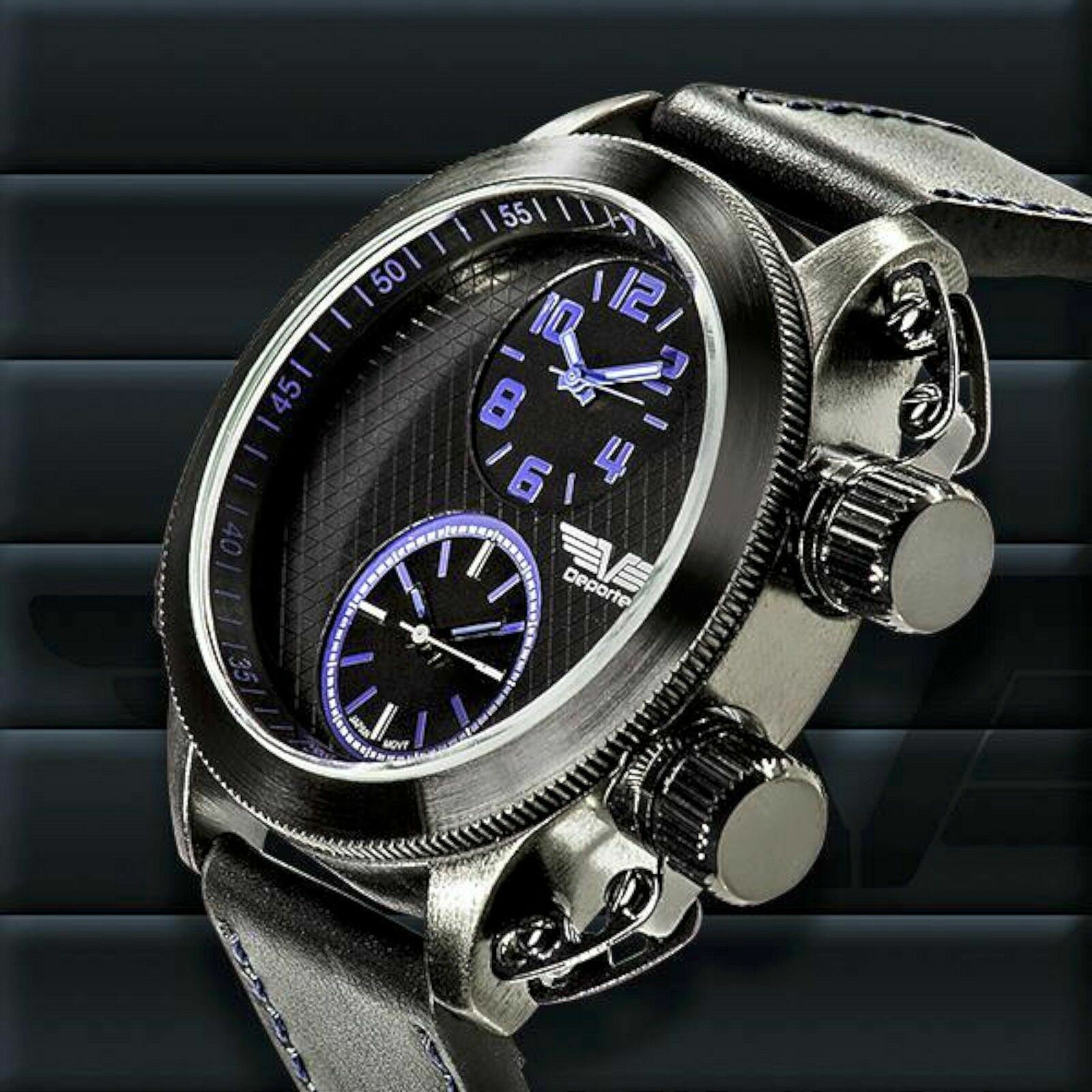 NEW Deporte 9830-BLU Men’s Sutton Watch SS Case Dual Time Chronograph Blue