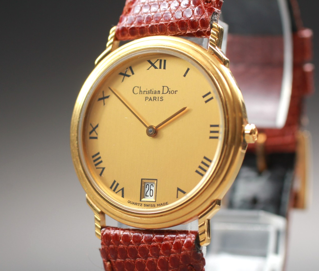 Vintage [N MINT] Christian Dior 45.122.2 Gold Roman Date Quartz Mens Watch JAPAN