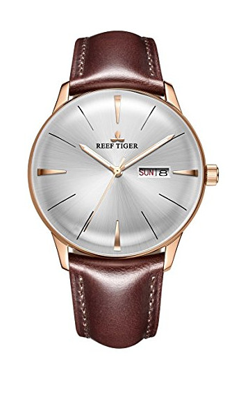 Reef Tiger Luxury Dress Watch With Date Day Rose Gold Convex Lens Automatic F/S