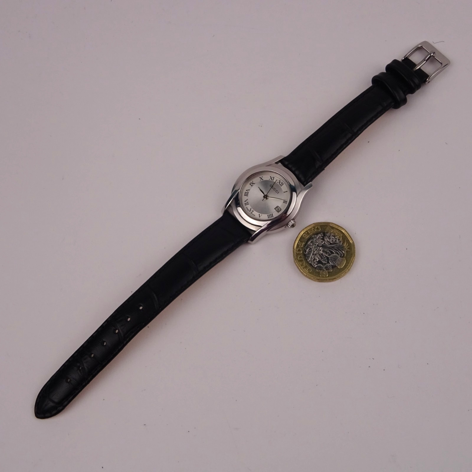 Gucci 5500L Watch Stainless Steel Silver Dial Black Leather Strap Women’s