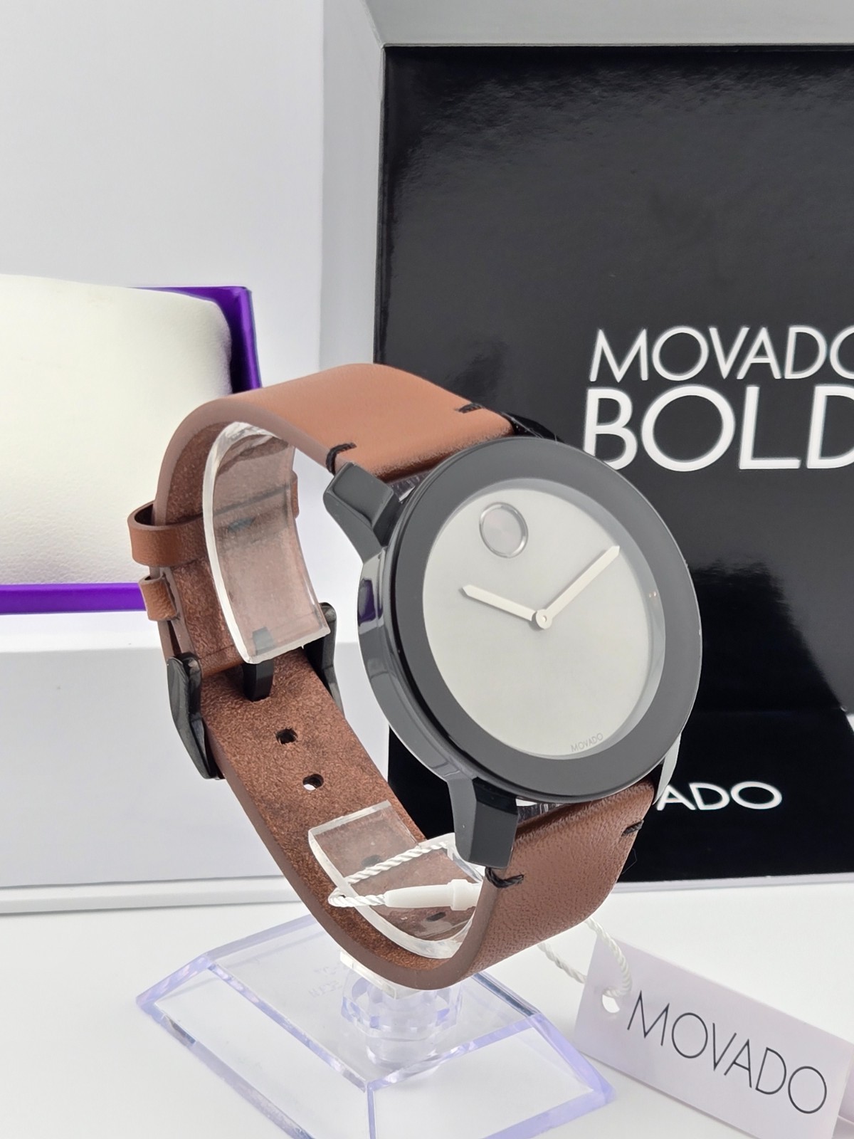 $395 MSRP | Movado Bold Men’s Gray Dial Brown Leather Watch – 3600442