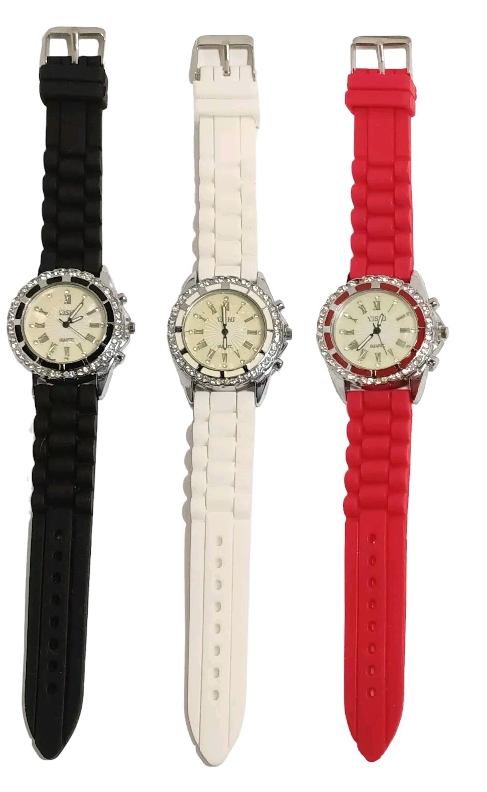Lot of 3 YISHI Quartz Watches w/Silicone Bands Rhinestone Bezels Black/White/Red