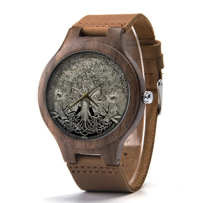 Tree of Life Wooden Leather Watch, Celtic Nordic Men’s Wood Watch