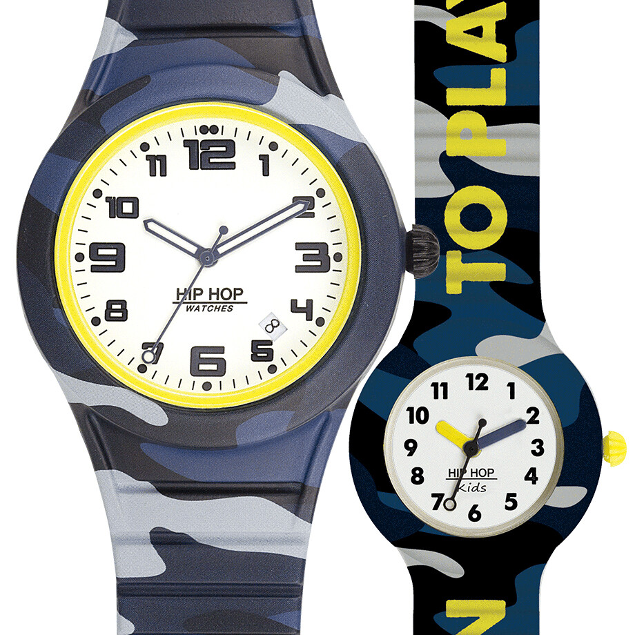 HIP HOP LITTLE ME HK0047 Military Camouflage Blue 42mm 28mm Watch Box