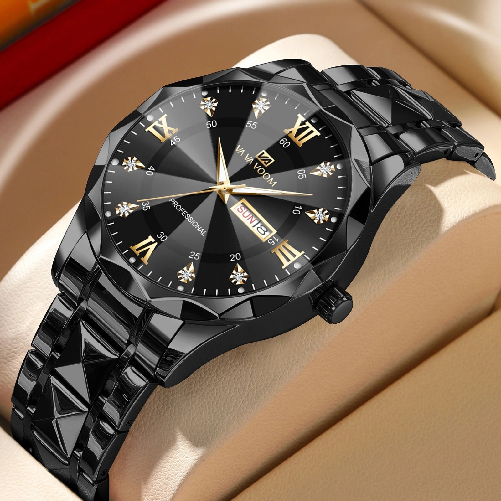 Men Watch Water Diamond Luxury Night Glow Double Calendar Quartz Movement 41mm B