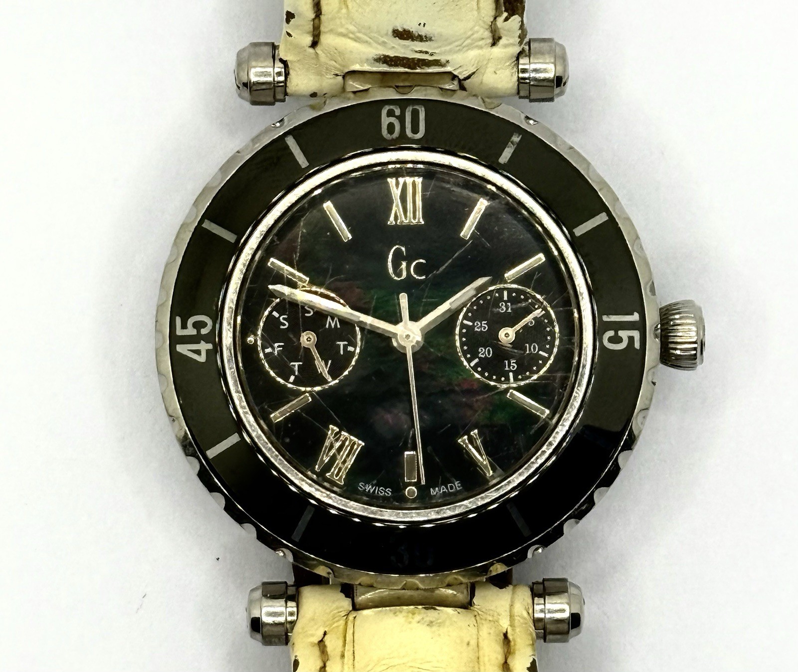 GC GC24001L Swiss Multifunction Watch Black Dial, Roman Numerals, Leather Strap