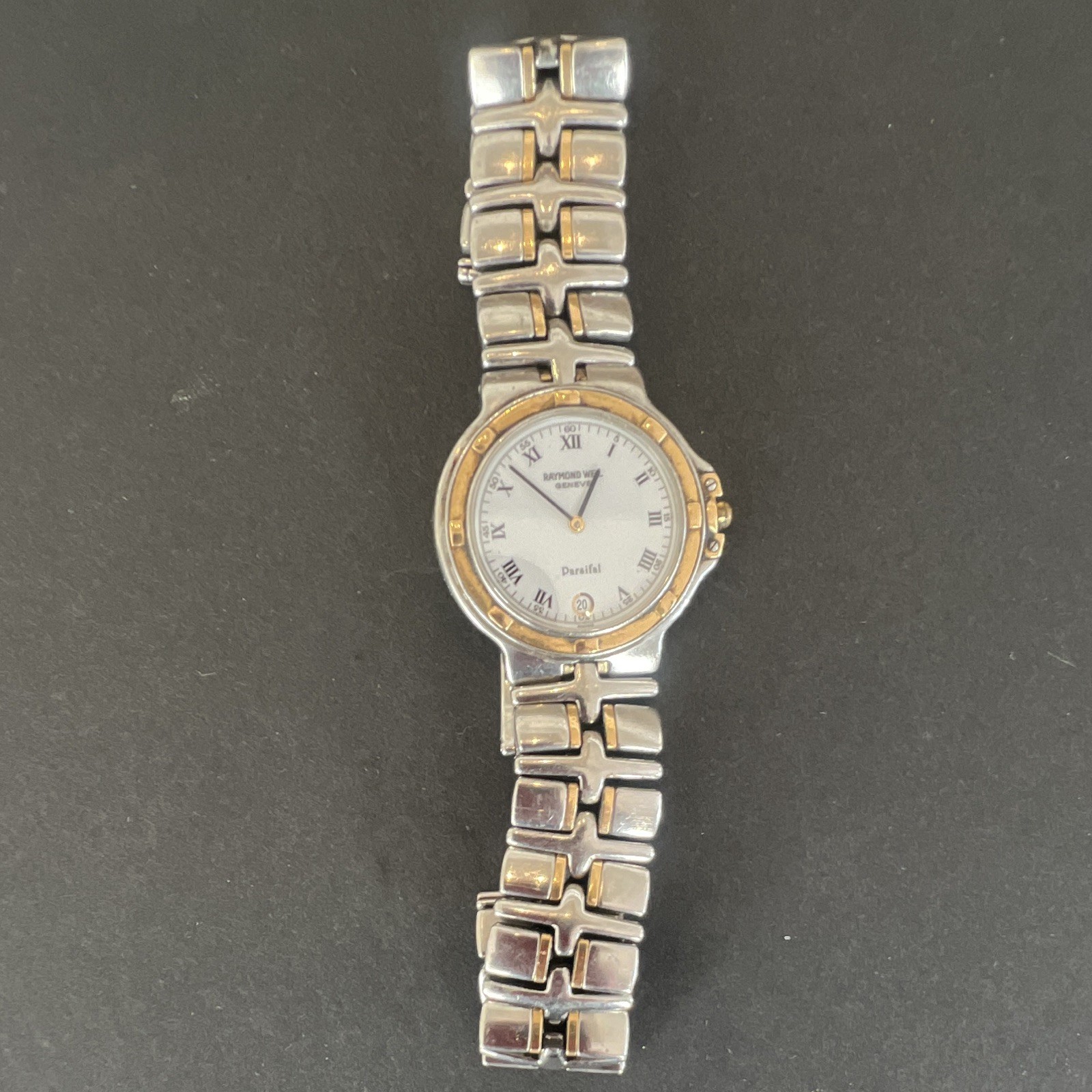 Raymond Weil Parsifal Quartz Two-Tone Bracelet White Roman Dial Date Model 9190