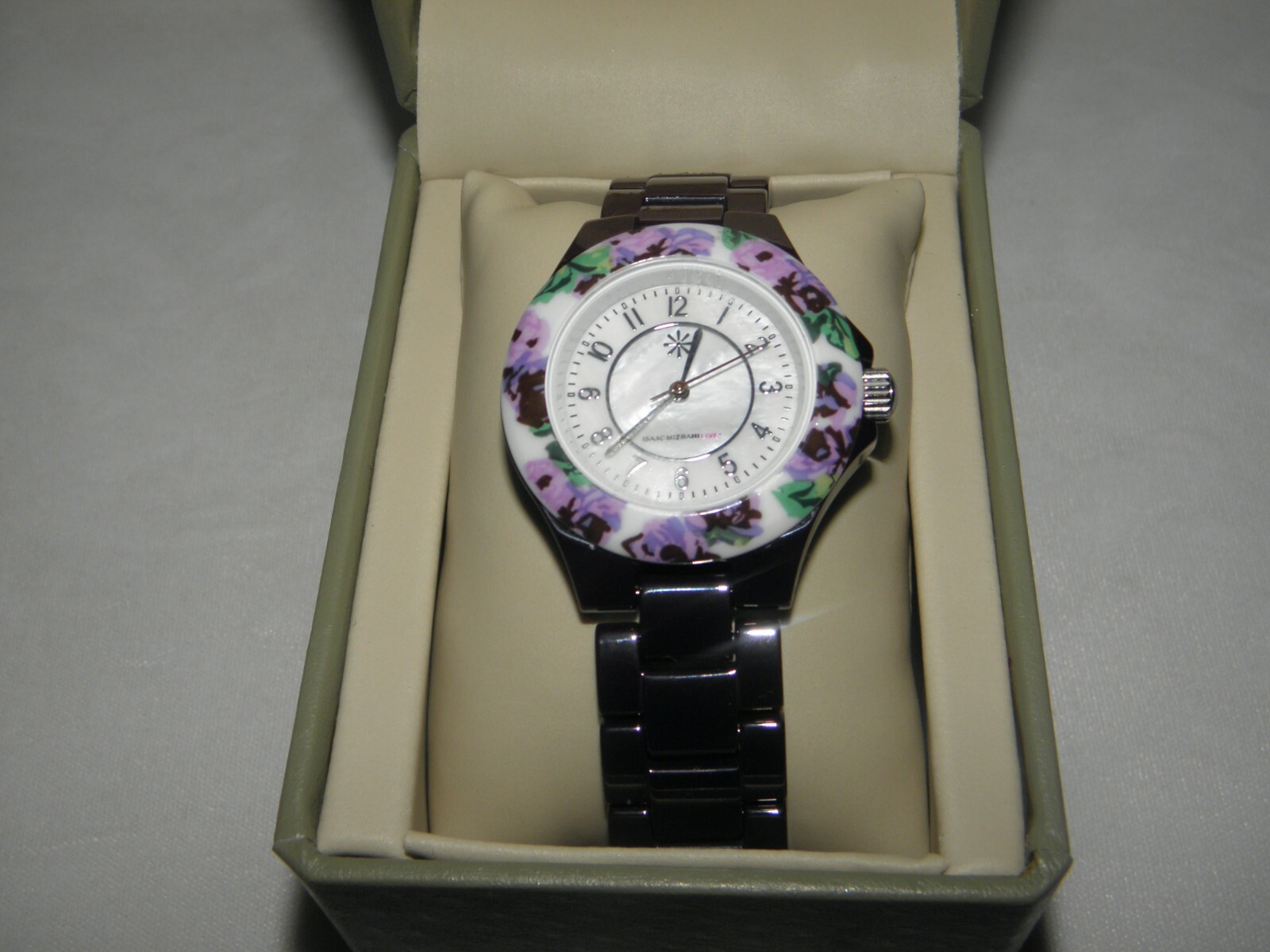 ISAAC MIZRAHI CERAMIC WATCH CHOCOLATE BROWN FLORAL SECURE CLASP DESIGNER NEW
