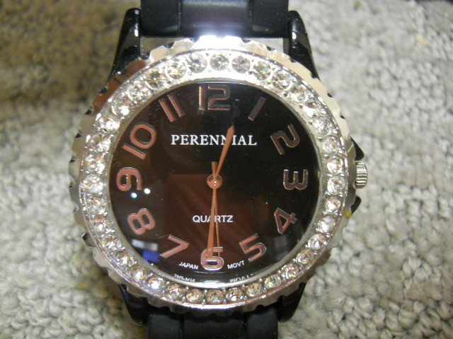 Womens Perennial Quartz Black Watch Rubber or Silicone Clear Stones Japan Movt.