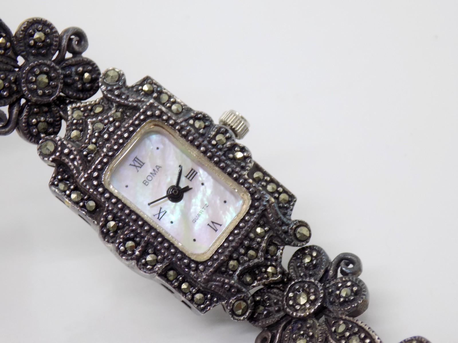 Boma Marcasite Quartz Watch and Bracelet Sterling Silver Vintage Set