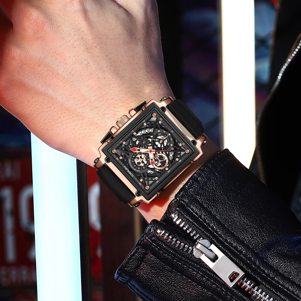 CRRJU Men Watch Luxury Brand Wristwatch Red Strap Male Rectangle Sport Watches