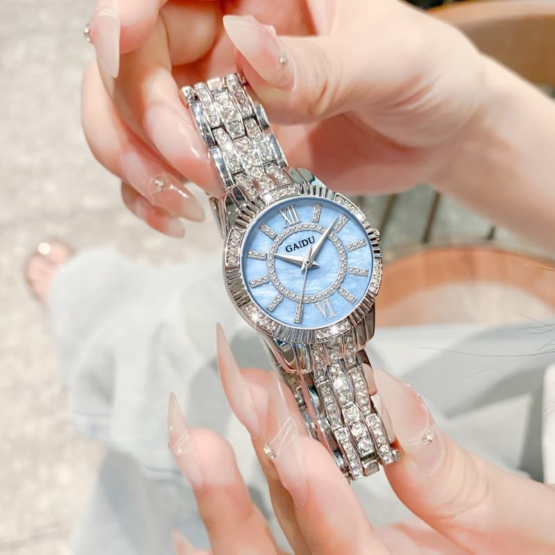 Women’s Genuine Diamond Dial Bangle Watch Silver Blue Style1