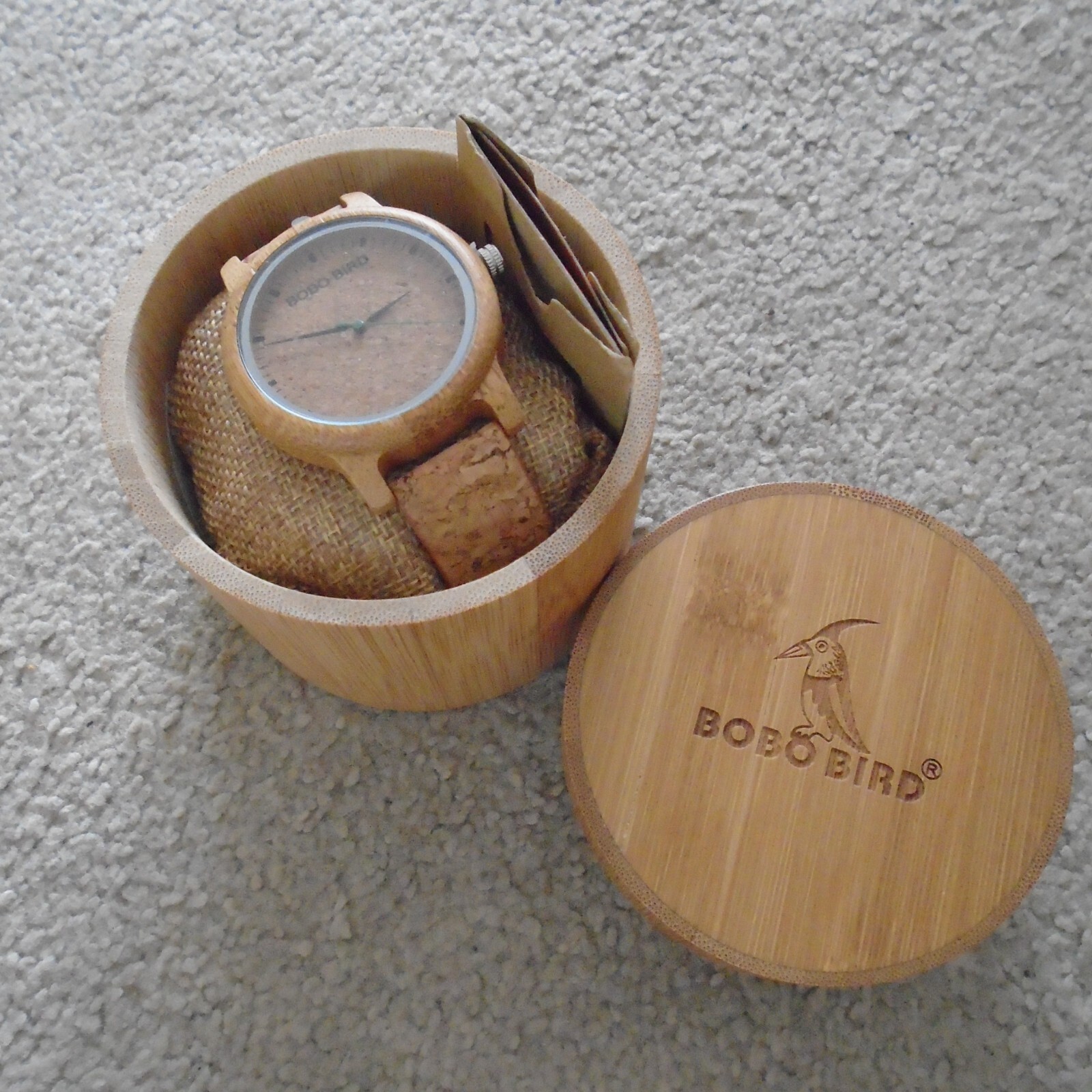 Bobo Bird Wooden Cork Bamboo Watch Analogue Unisex 42mm NEW w Box and Paperwork