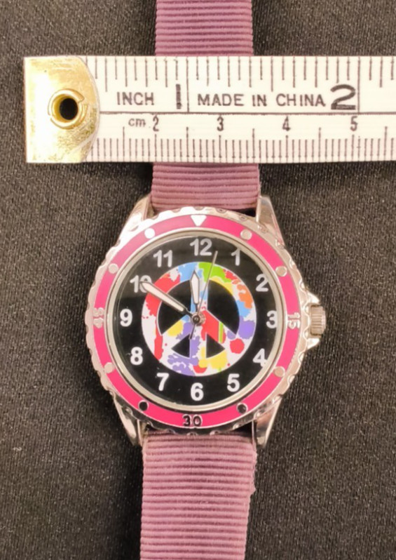 Accutime Silver/Pink Round Peace Sign Black Face Purple Unisex Watch Band #W5175