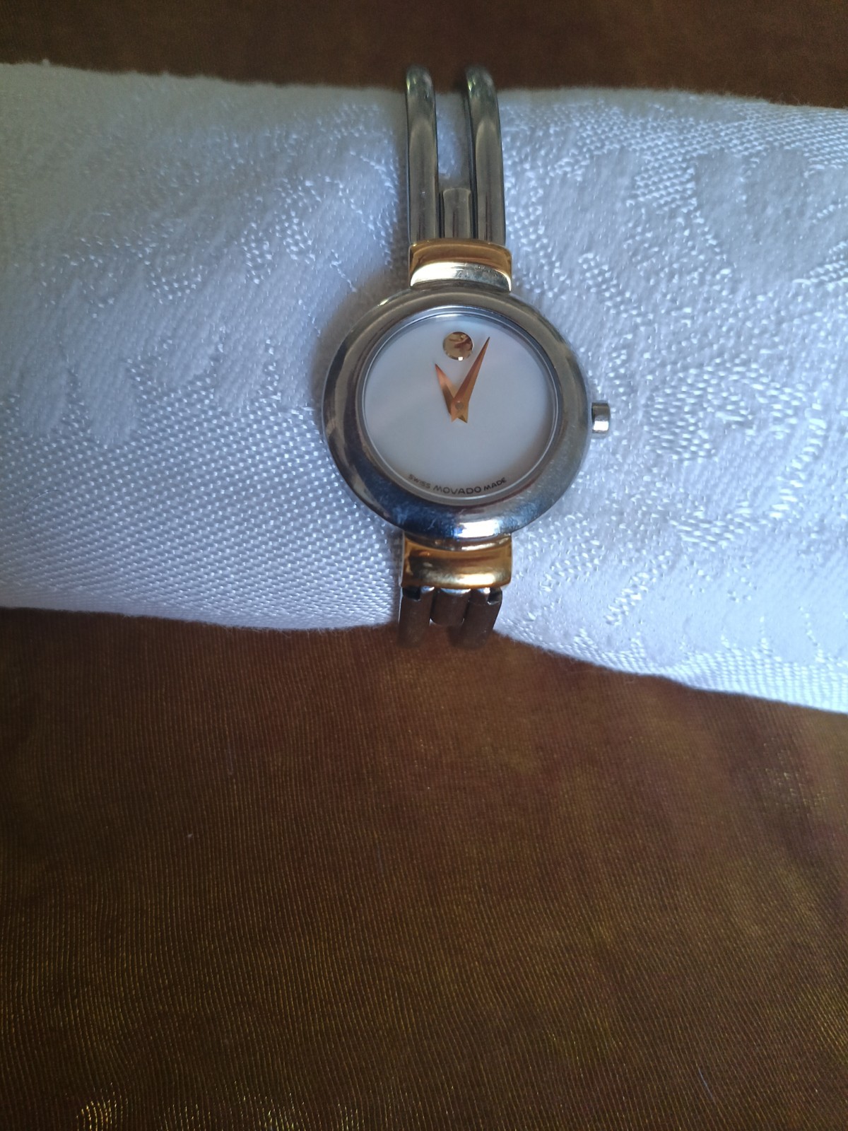 Movado Women’s Silver/Gold Metal Bangle Watch White Dial Mother Of Pearl Ex.