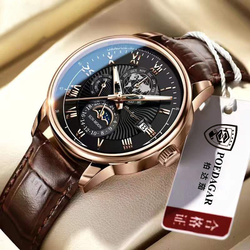 Men Watch Leather Waterproof Luminous Watch Luxury Men Quartz Wristwatches + BOX