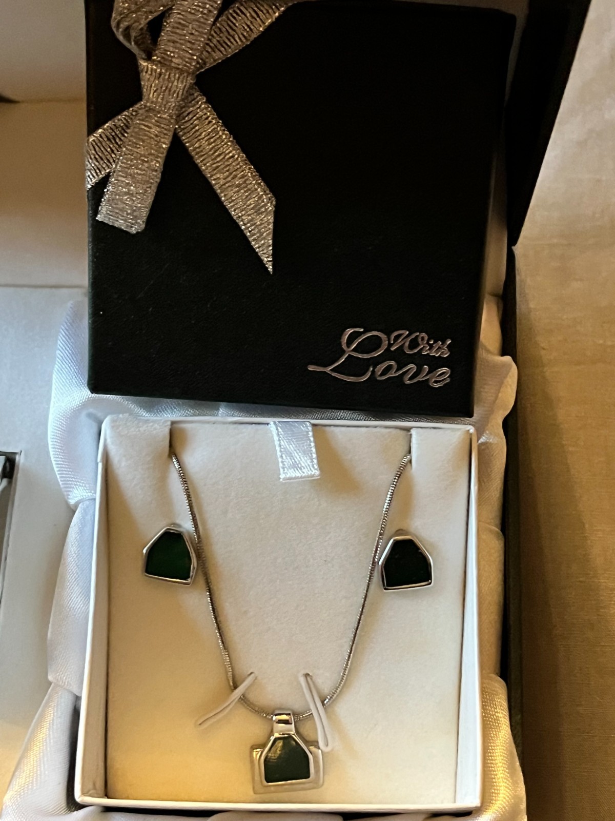 Green Quartz Watch Bracelet Necklace Earring Matching Boxed Set Adjust Band New!