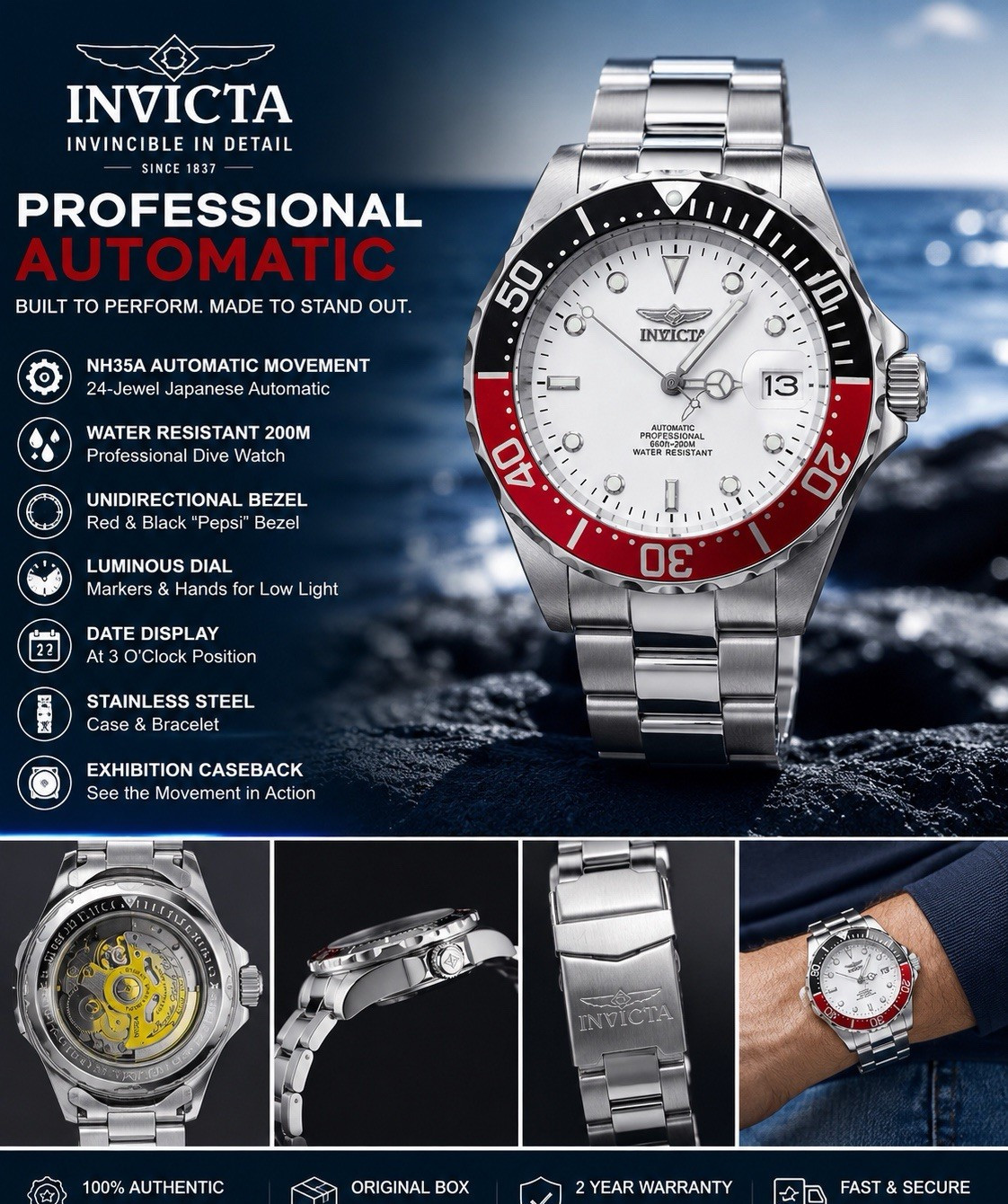 Invicta Professional Automatic Men’s Diver 200m White Dial Red/Black Bezel 40mm