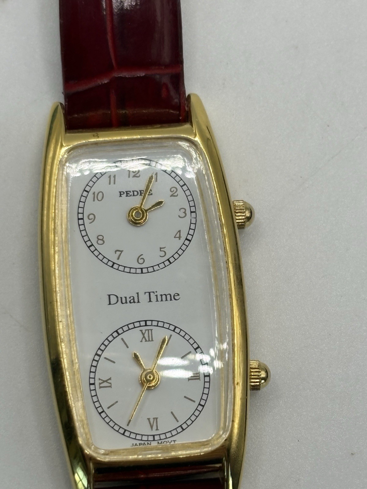 Pedre Dual Time Women Gold Tone Croc Leather Quartz Watch New Batteries