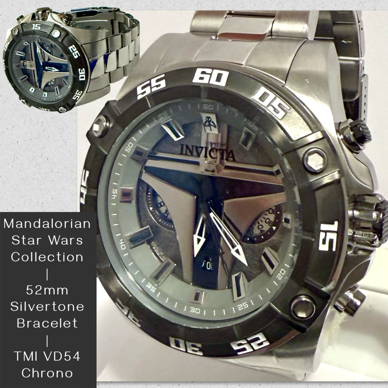 52mm MANDALORIAN Silvertone Bracelet | LE#0098/1977 | VD54 Chrono Invicta Watch